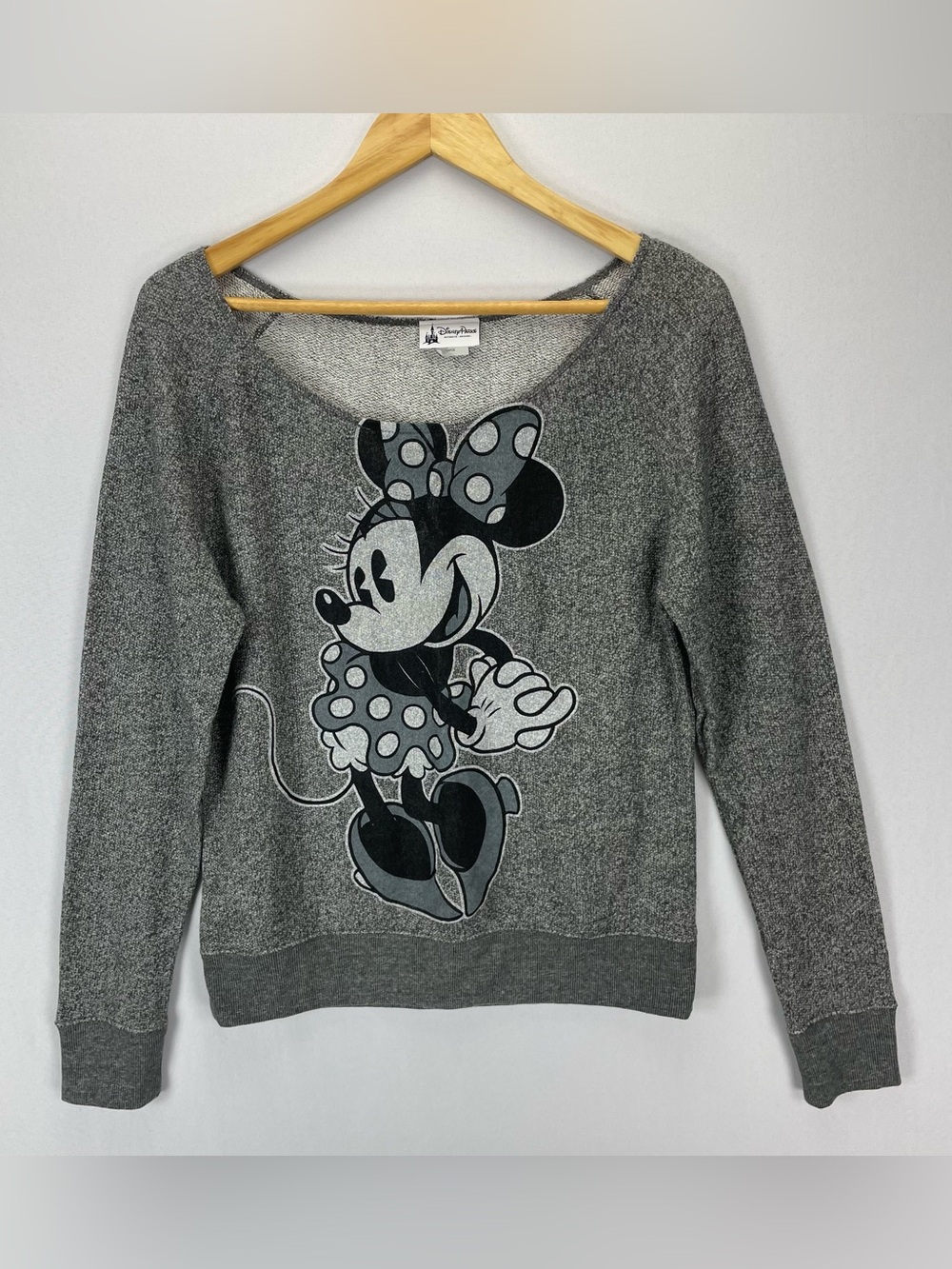 Disneyland Minnie Mouse Sweatshirt Women’s L Gray Scoop Neck Off The Shoulder